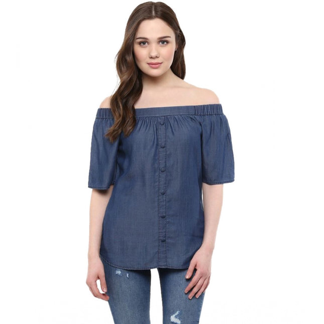 Rosolly Women's Denim Solid Short Sleeve Regular Top (Blue)