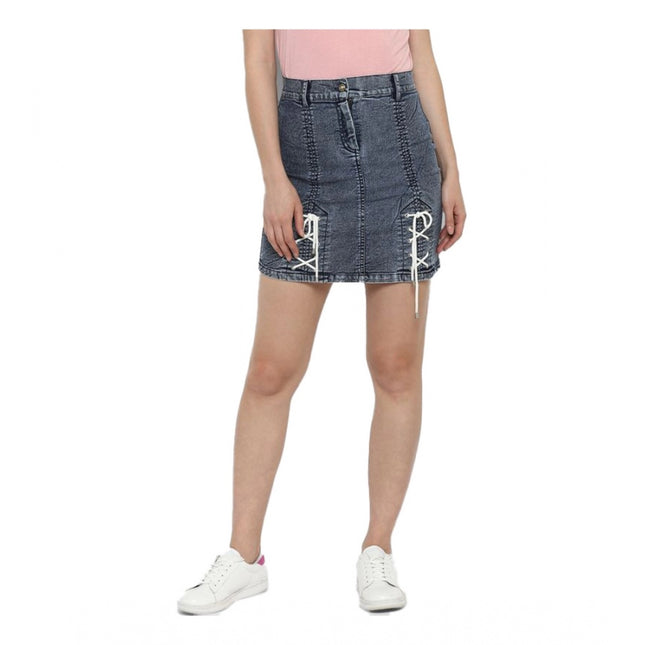 Rosolly Women's Denim Tie Up Buttoned Skirt (Blue)