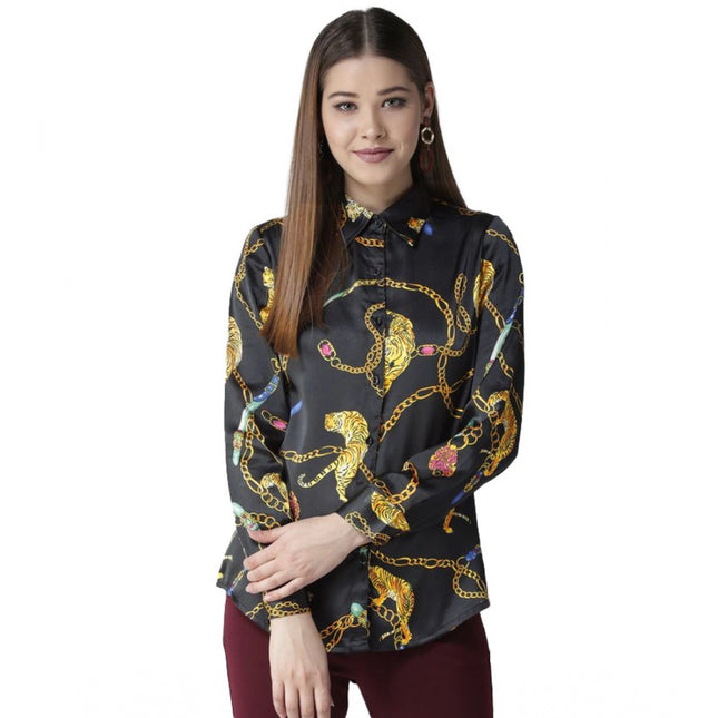 Rosolly Women's Satin Printed Long Sleeves Standard Length Shirt (Black - Gold)