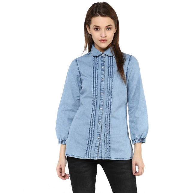 Rosolly Women's Denim Solid 3-4th Sleeves Standard Length Shirt (Blue)