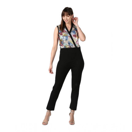 Rosolly Women's Polyester Embellished Sleeveless Jumpsuit (Black)