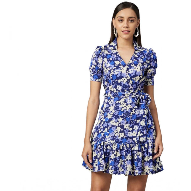 Rosolly Women's Polyester Floral Short Sleeve Above Knee Dress (Blue - Purple)