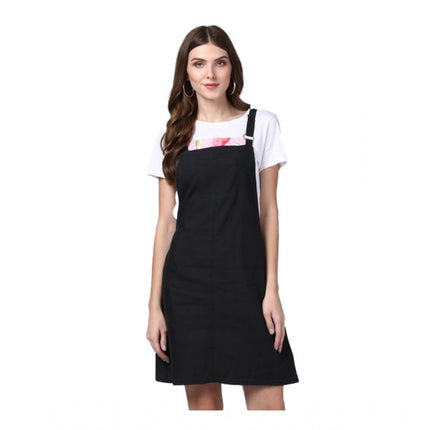 Rosolly Women's Denim Solid Shoulder Straps Above Knee Dungaree (Black)