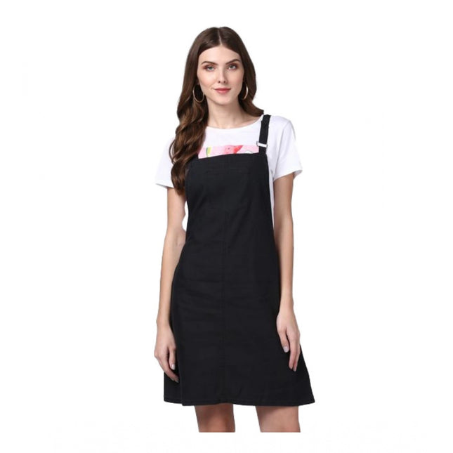 Rosolly Women's Denim Solid Shoulder Straps Above Knee Dungaree (Black)