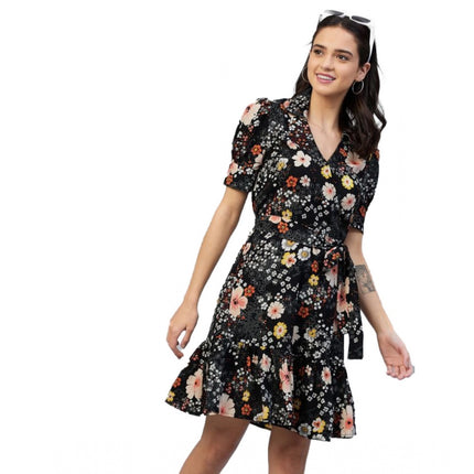 Rosolly Women's Polyester Floral Short Sleeve Above Knee Dress (Black)