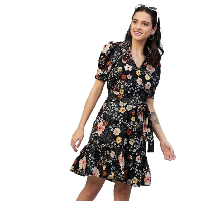 Rosolly Women's Polyester Floral Short Sleeve Above Knee Dress (Black)