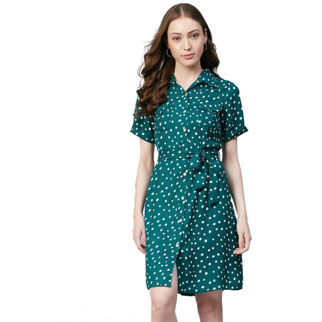 Rosolly Women's Polyester Polka Short Sleeve Above Knee Dress (Blue - White)