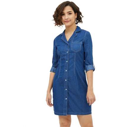 Rosolly Women's Denim Solid Long Sleeves Above Knee Dress (Blue)