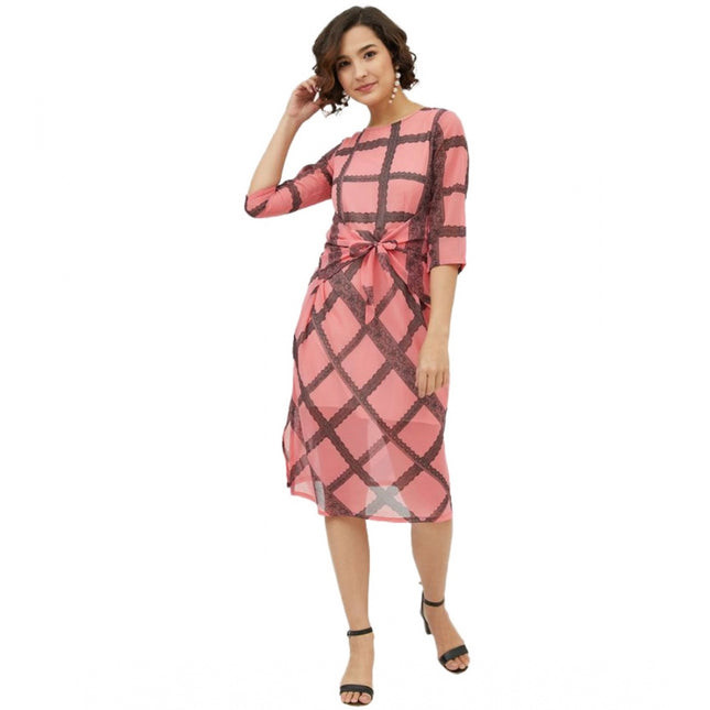Rosolly Women's Polyester Checkered 3-4th Sleeves Below Knee Dress (Pink)