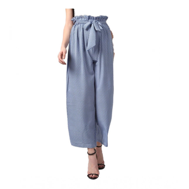 Rosolly Women's Polyester Striped Elasticated Trousers (Blue)
