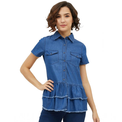 Rosolly Women's Denim Peplum Short Sleeve Top (Blue)