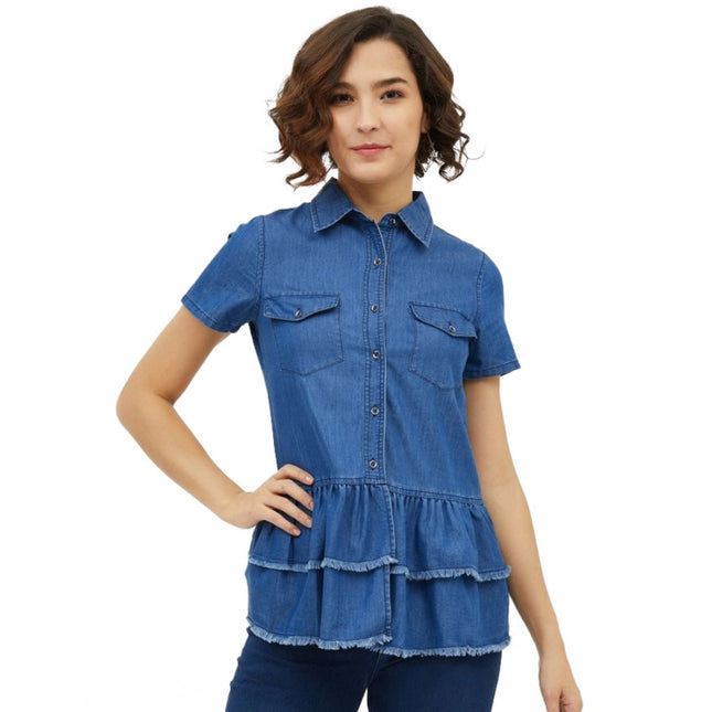 Rosolly Women's Denim Peplum Short Sleeve Top (Blue)