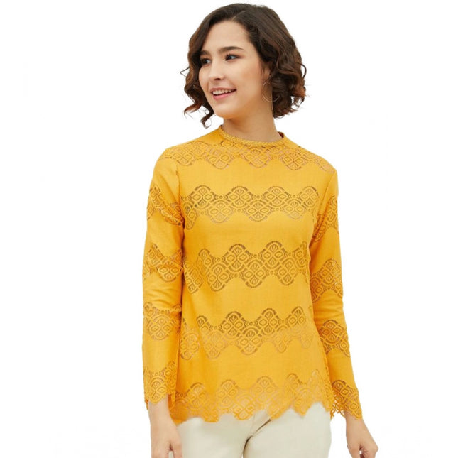 Rosolly Women's Cotton Lace Inserts Long Sleeves Top (Yellow)