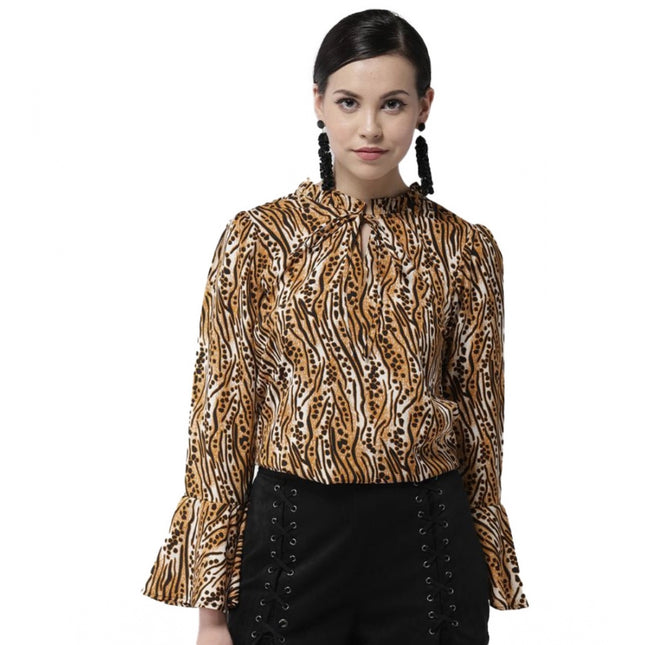 Rosolly Women's Polyester Printed Bell Sleeve Top (Orange - Black)