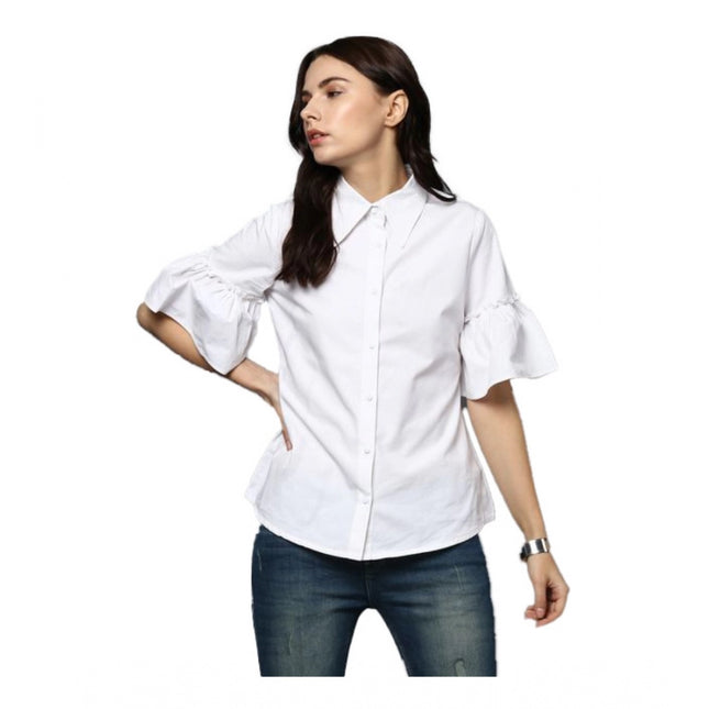 Rosolly Women's Cotton Solid Bell Sleeve Top (White)
