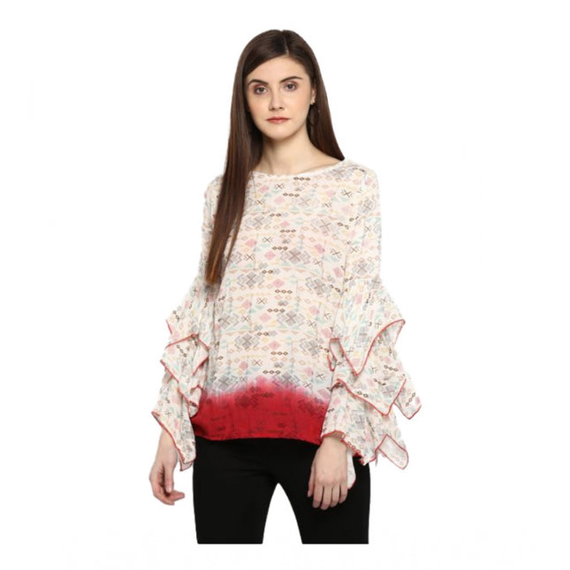 Rosolly Women's Rayon Crepe Printed Ruffle Sleeve Top (Off White - Red)