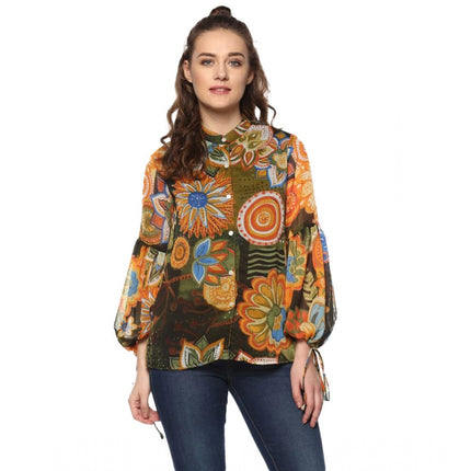 Rosolly Women's Polyester Floral Balloon Sleeve Top (Mustard - Olive)