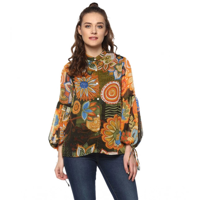 Rosolly Women's Polyester Floral Balloon Sleeve Top (Mustard - Olive)