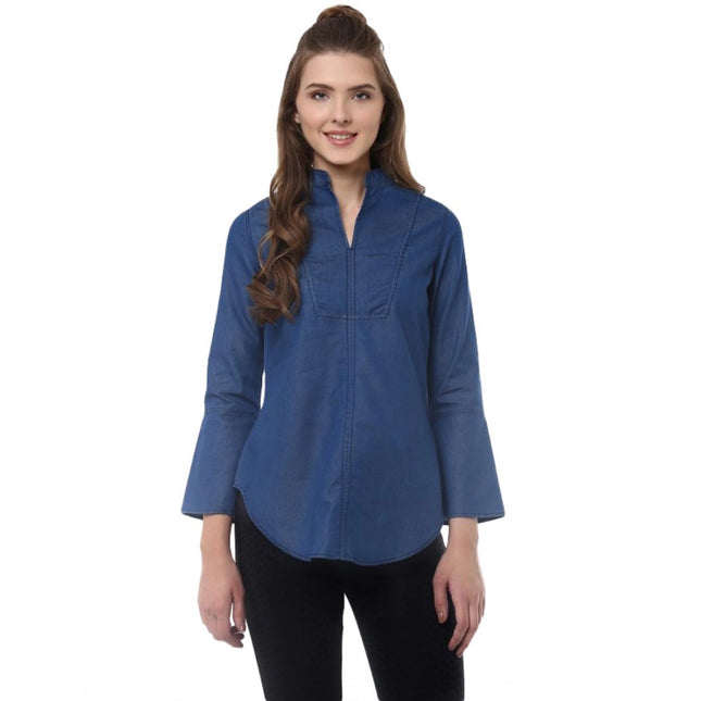 Rosolly Women's Denim Solid Bell Sleeve Regular Top (Blue Denim)