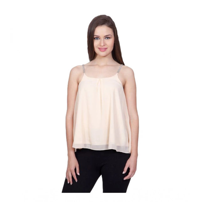 Rosolly Women's Polyester Solid Shoulder Straps Regular Top (Beige)