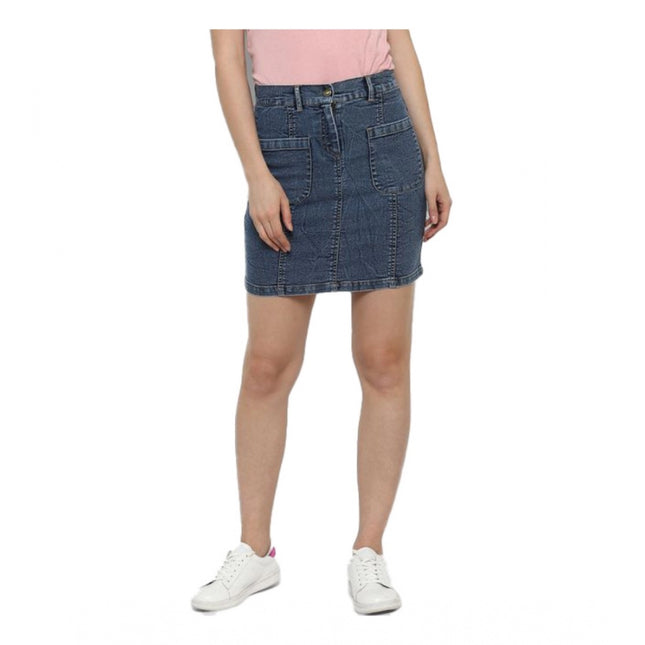 Rosolly Women's Denim Front Pocket Buttoned Skirt (Blue)