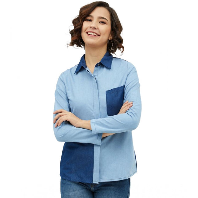 Rosolly Women's Denim Patch Work Long Sleeves Standard Length Shirt (Blue)