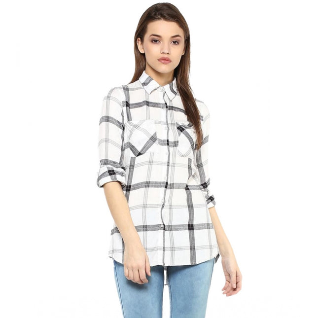 Rosolly Women's Rayon Checkered Long Sleeves Standard Length Shirt (Black - White)