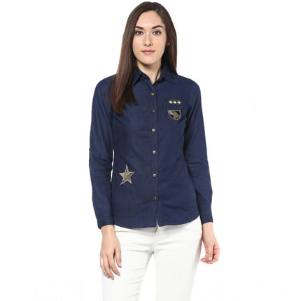 Rosolly Women's Denim Patch Work Long Sleeves Standard Length Shirt (Blue)