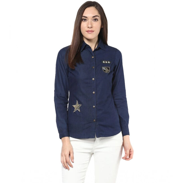 Rosolly Women's Denim Patch Work Long Sleeves Standard Length Shirt (Blue)