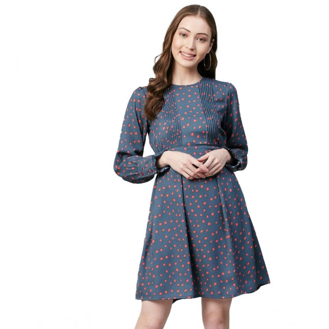 Rosolly Women's Polyester Polka Long Sleeves Above Knee Dress (Grey - Coral)