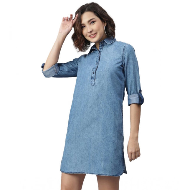 Rosolly Women's Denim Solid Long Sleeves Above Knee Dress (Ice Blue)