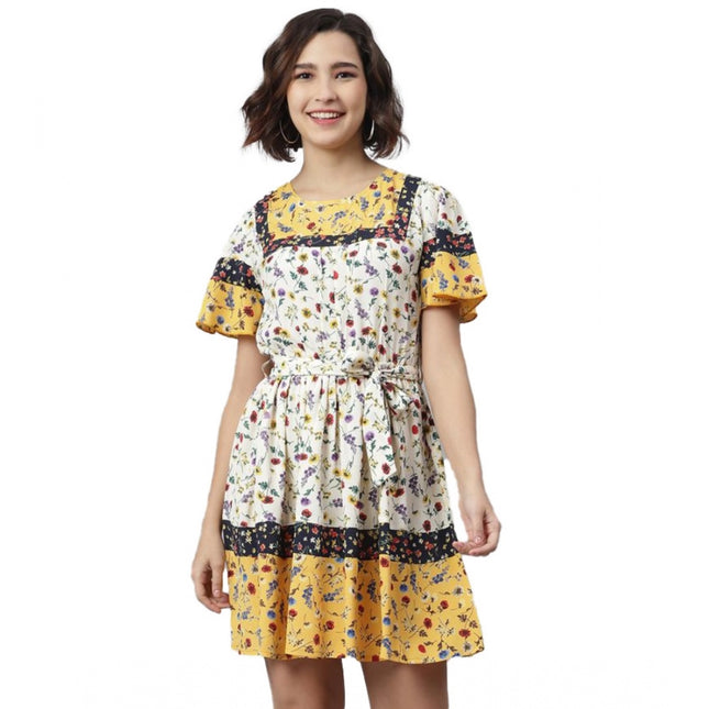 Rosolly Women's Polyester Floral Flutter Above Knee Dress (Multicolor)