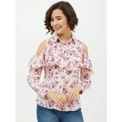 Rosolly Women's Polyester Floral Cold Shoulder Standard Length Shirt (White)