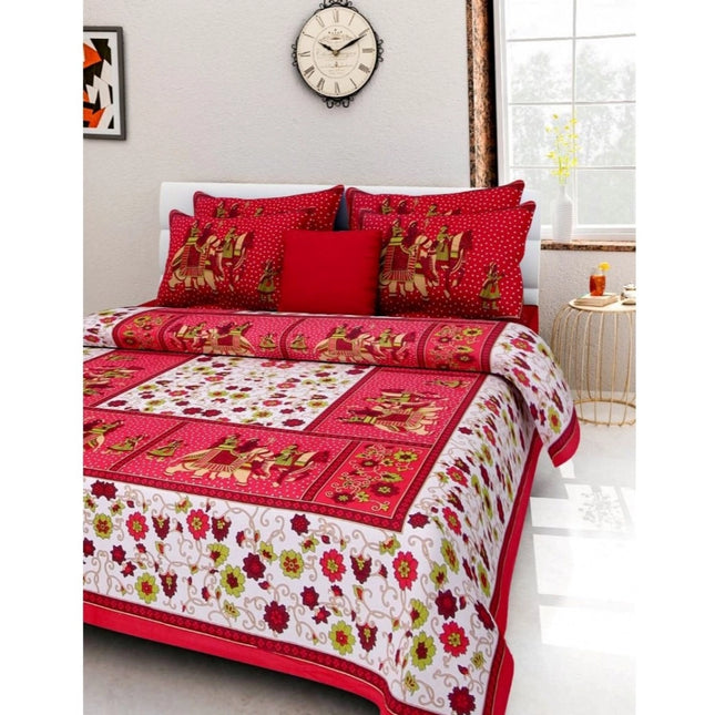 Rosolly Cotton Printed Queen Size Bedsheet With 2 Pillow Covers (Red, 90x100 Inch)