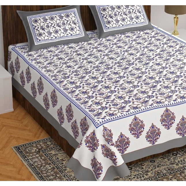 Rosolly Cotton Printed Queen Size Bedsheet With 2 Pillow Covers (White, 90x100 Inch)