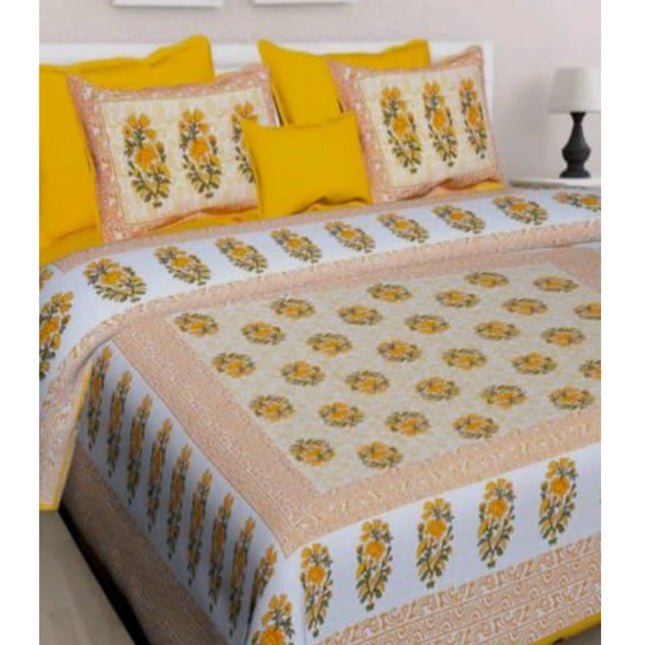Rosolly Cotton Printed Queen Size Bedsheet With 2 Pillow Covers (Yellow, 90x100 Inch)