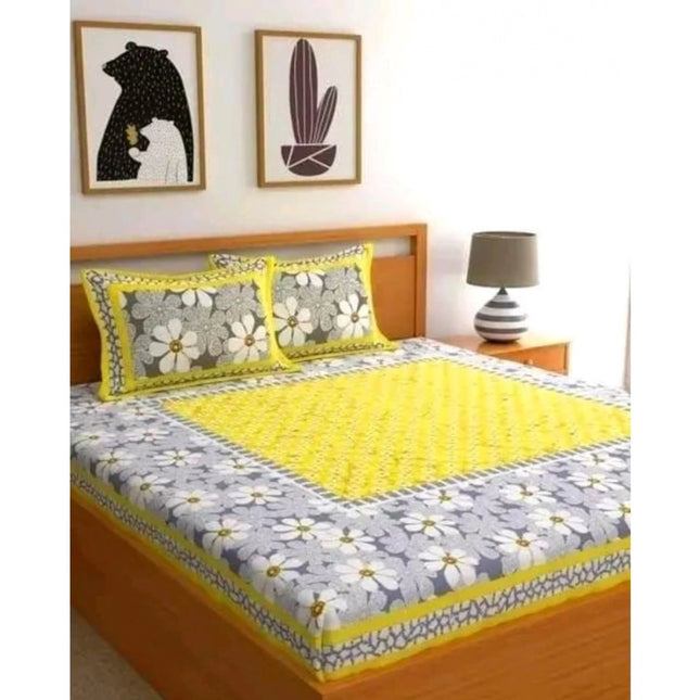 Rosolly Cotton Printed Queen Size Bedsheet With 2 Pillow Covers (Yellow, 90x100 Inch)