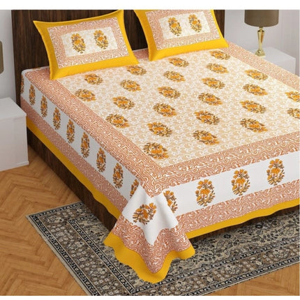 Rosolly Cotton Printed Queen Size Bedsheet With 2 Pillow Covers (Yellow, 90x100 Inch)