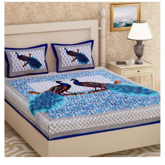 Rosolly Cotton Printed Queen Size Bedsheet With 2 Pillow Covers (Blue, 90x100 Inch)