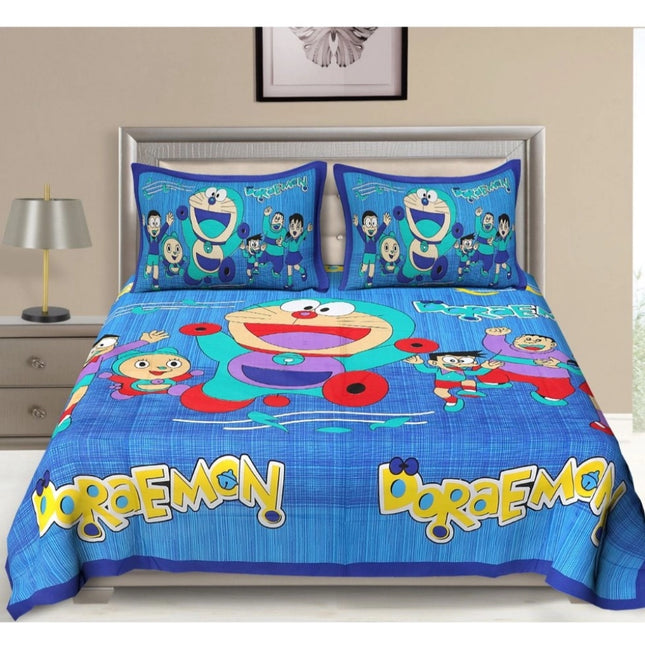 Rosolly Cotton Printed Queen Size Bedsheet With 2 Pillow Covers (Blue, 90x100 Inch)