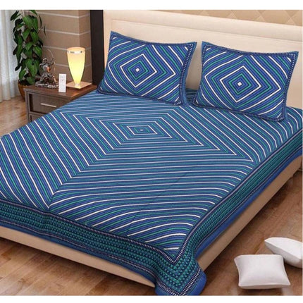 Rosolly Cotton Printed Queen Size Bedsheet With 2 Pillow Covers (Blue, 90x100 Inch)
