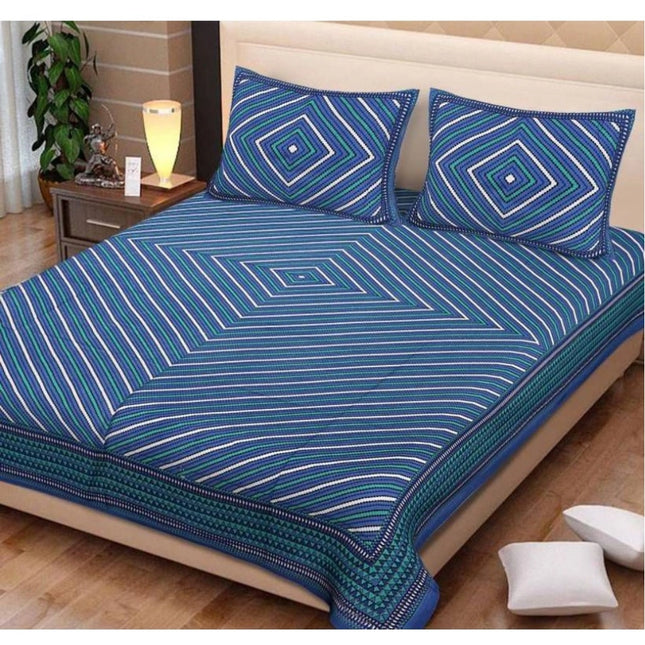 Rosolly Cotton Printed Queen Size Bedsheet With 2 Pillow Covers (Blue, 90x100 Inch)