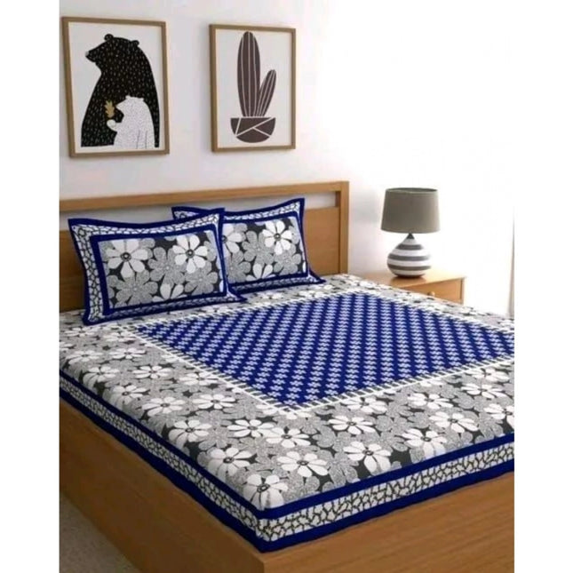 Rosolly Cotton Printed Queen Size Bedsheet With 2 Pillow Covers (Blue, 90x100 Inch)