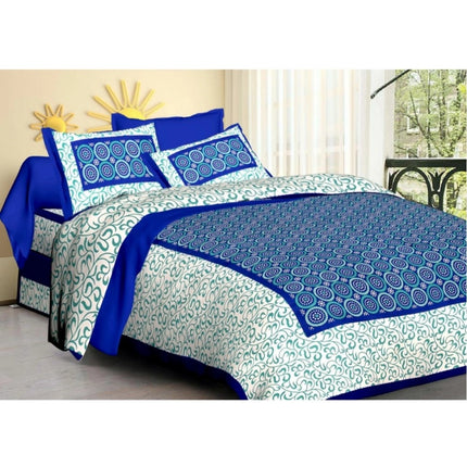 Rosolly Cotton Printed Queen Size Bedsheet With 2 Pillow Covers (Blue, 90x100 Inch)