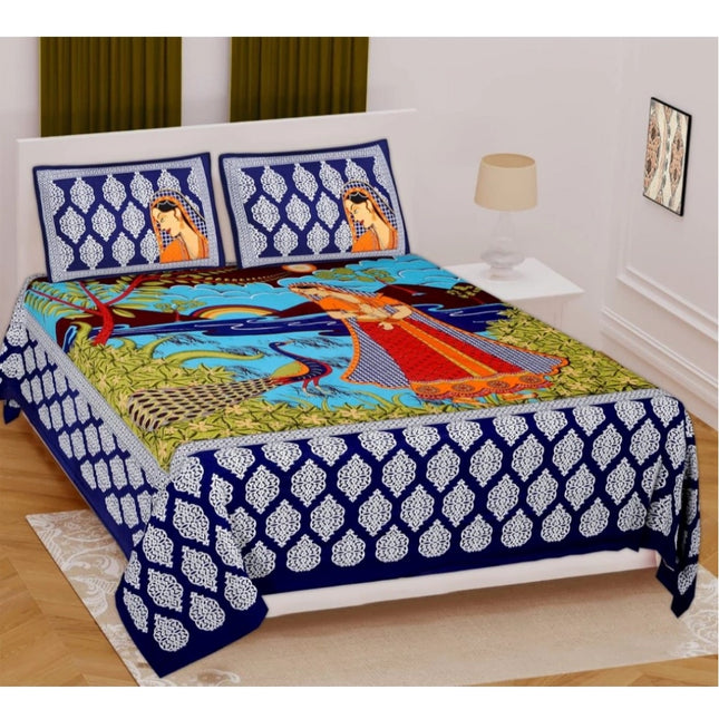 Rosolly Cotton Printed Queen Size Bedsheet With 2 Pillow Covers (Blue, 90x100 Inch)