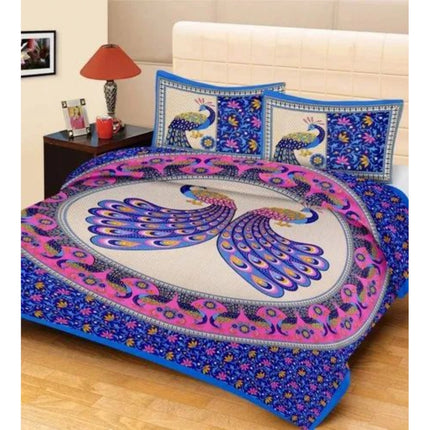 Rosolly Cotton Printed Queen Size Bedsheet With 2 Pillow Covers (Blue, 90x100 Inch)