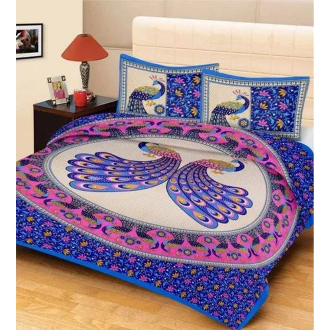 Rosolly Cotton Printed Queen Size Bedsheet With 2 Pillow Covers (Blue, 90x100 Inch)