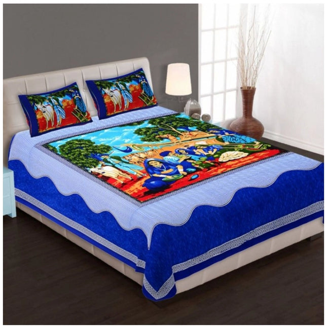 Rosolly Cotton Printed Queen Size Bedsheet With 2 Pillow Covers (Blue, 90x100 Inch)