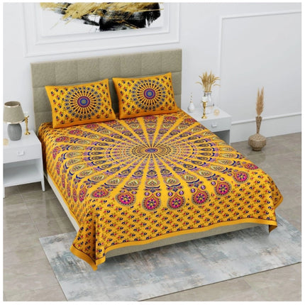 Rosolly Cotton Printed Queen Size Bedsheet With 2 Pillow Covers (Yellow, 90x100 Inch)