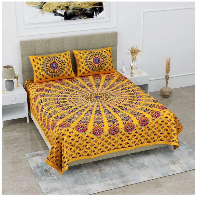 Rosolly Cotton Printed Queen Size Bedsheet With 2 Pillow Covers (Yellow, 90x100 Inch)
